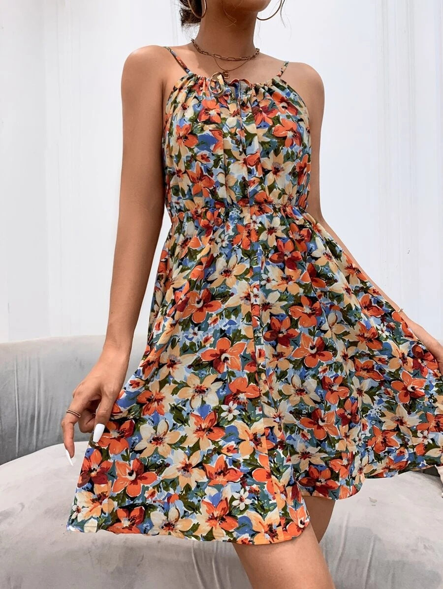 Damen Sommer Blumen ärmellose elastische Taille für Kleider