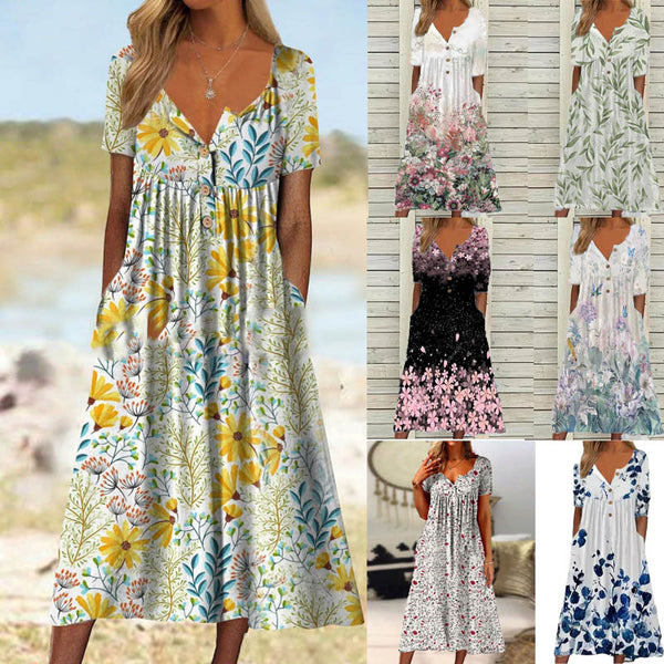 Women's Spring Printed V-neck Button Sleeve Pocket Dresses