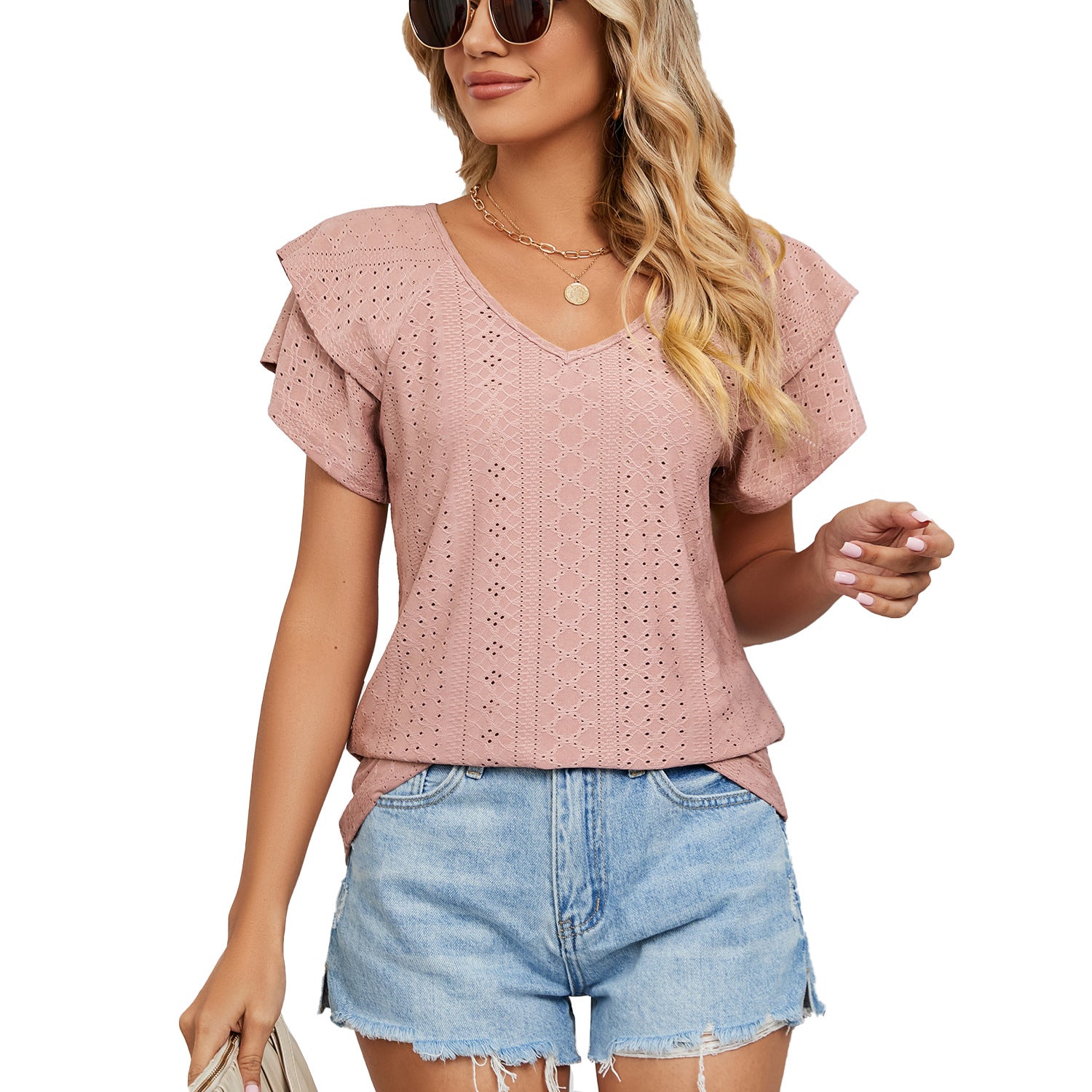 Women's Solid Color Double-layer Sleeve V-neck Loose Blouses