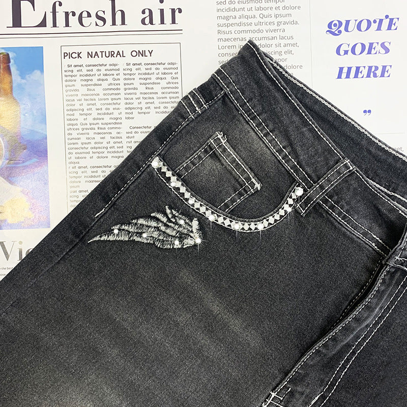Women's Denim Vintage Embroidered Skull Bead Stretch Jeans