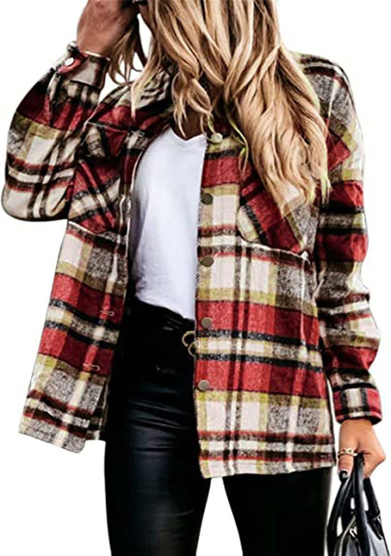 Women's Long Sleeve Large Pocket Loose Plaid Coats