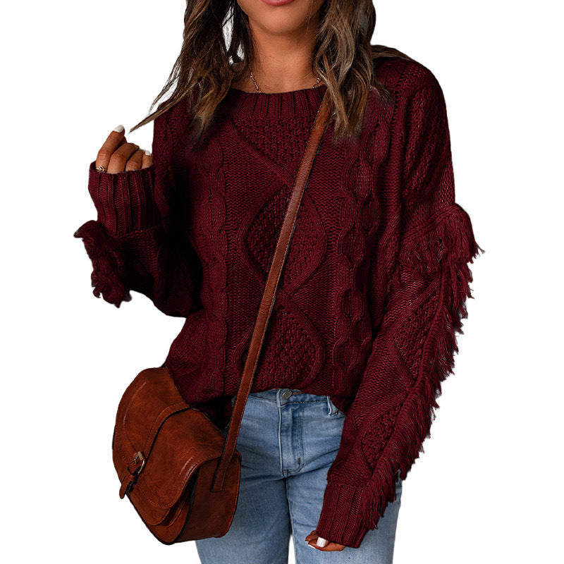 Women's Tassel Solid Color Pullover Round Neck Sweaters