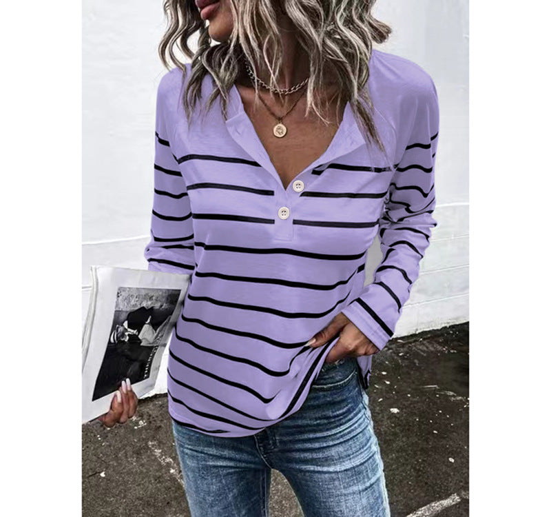 Women's Striped Round Neck Button Casual Loose Long Sleeve Blouses