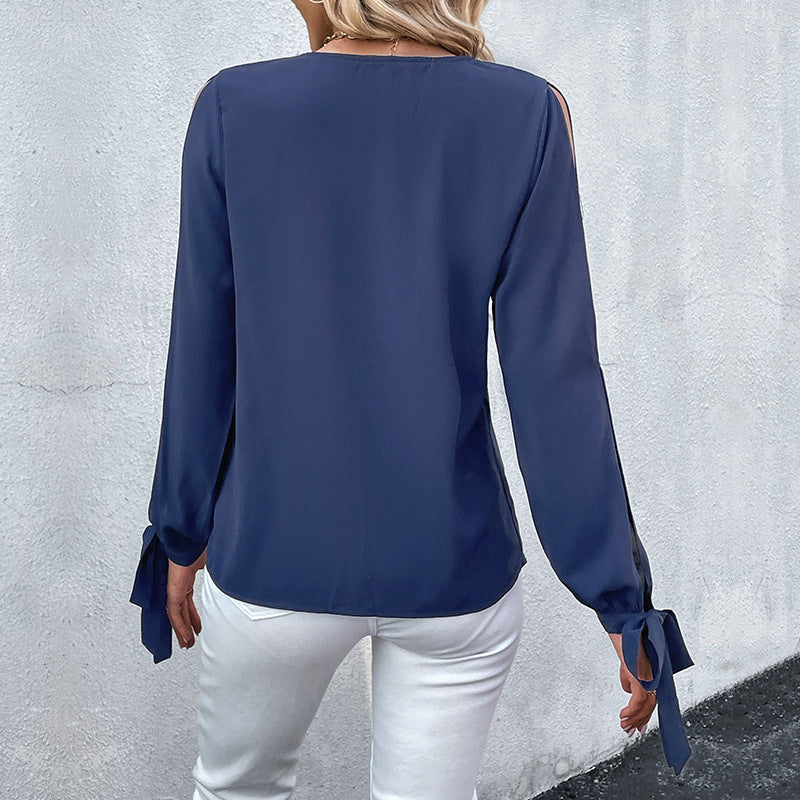 Women's Autumn Long-sleeved Shirt Solid Color Hollow Blouses