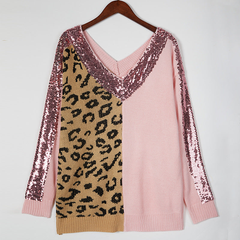 Women's Stitching Leopard Print Elegant Pullover Long Sweaters