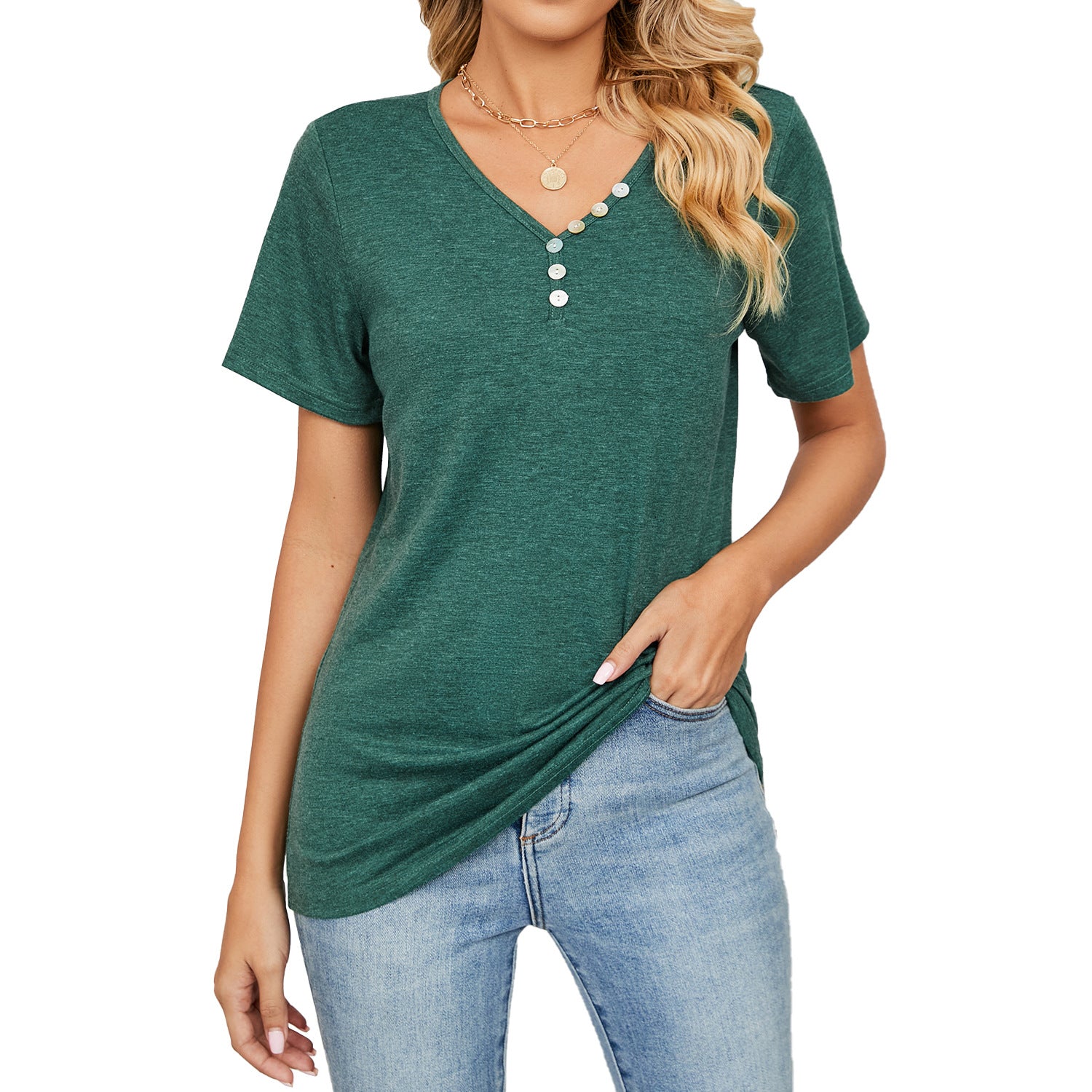 Women's Summer Solid Color Sleeve Button Loose-fitting Blouses