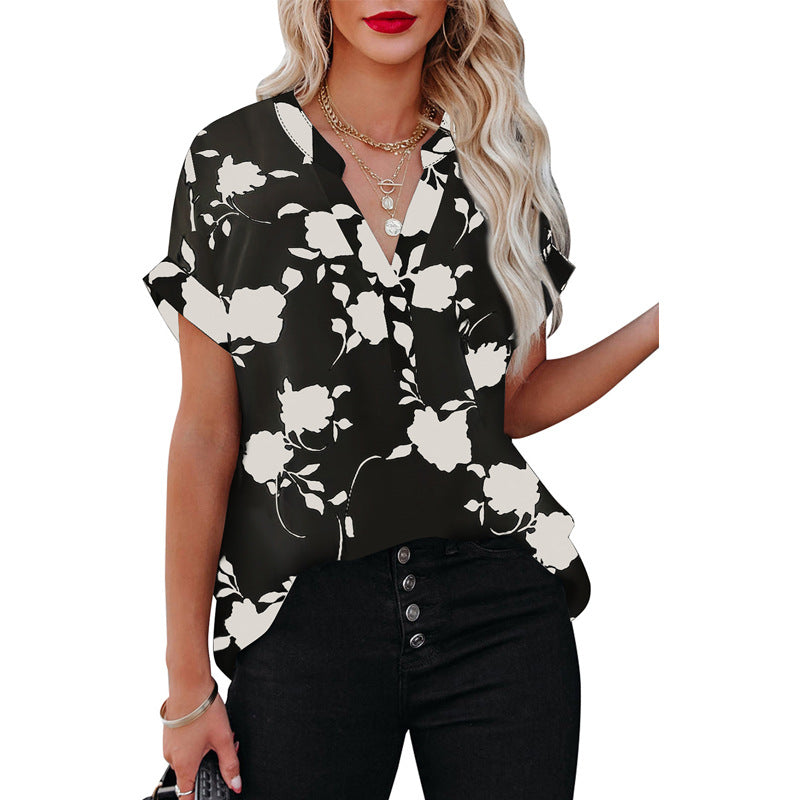 Women's Summer Floral Print Short-sleeved Loose V-neck Blouses