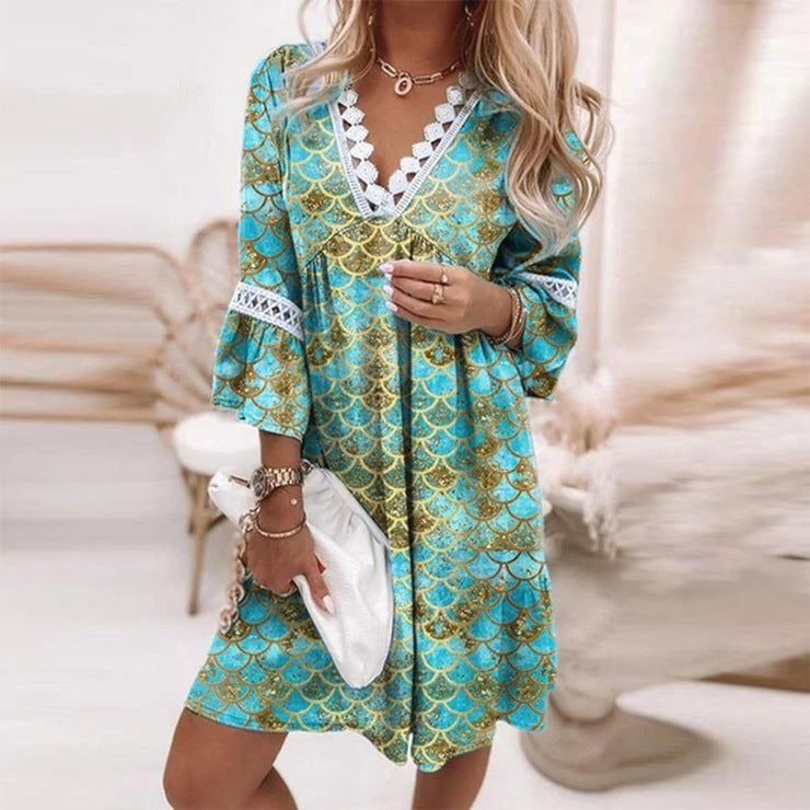 Spring Collar Printed Lace Stitching Bohemian Casual Dresses