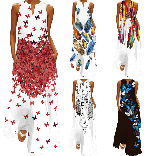 Women's Sexy Digital Printed V-neck Sleeveless Pocket Dresses