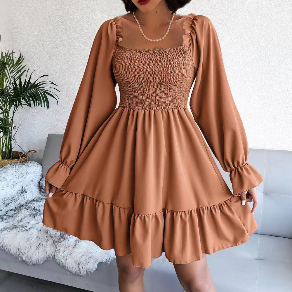 Women's Square Collar Flared Long Sleeve Ruffled Dresses