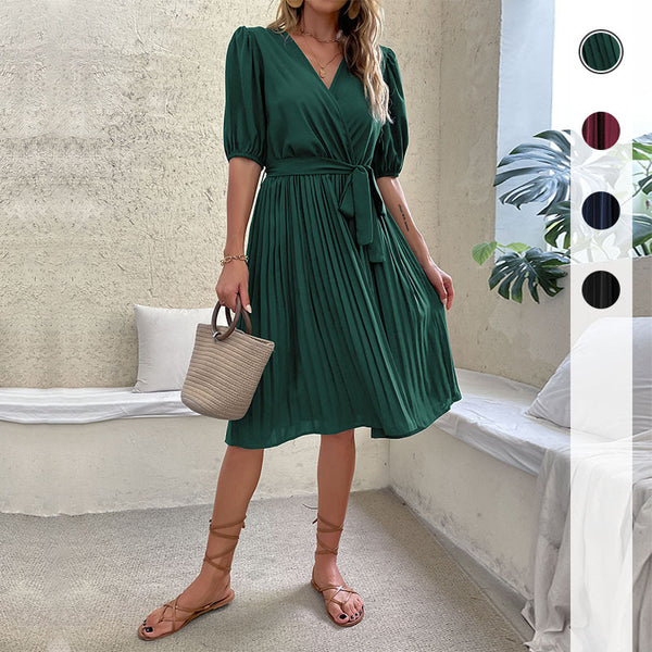 Women's Wear Summer Tied V-neck Green Pleated Dresses