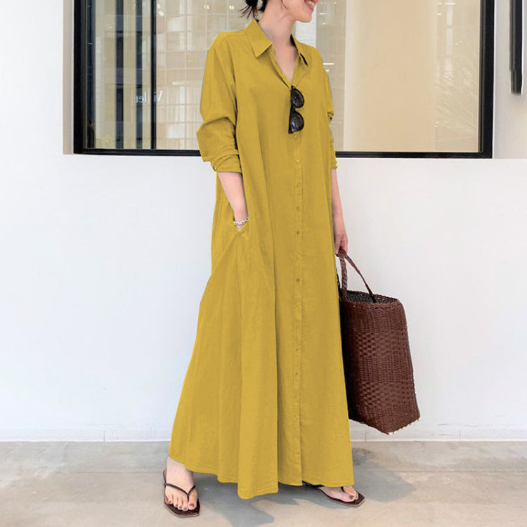 Women's Wear Solid Color Lapel Long Sleeve Pocket Simple Dresses