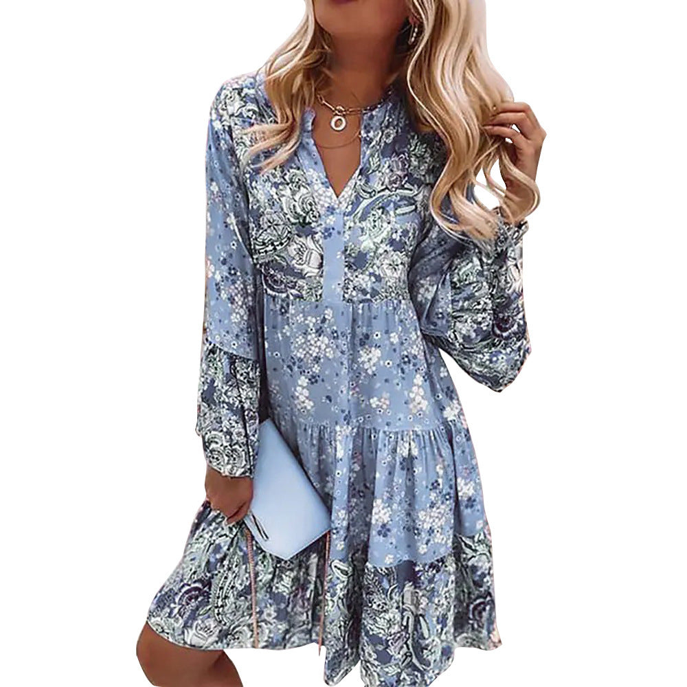 Summer Printed Loose Fashionable V-neck Pleated Dresses