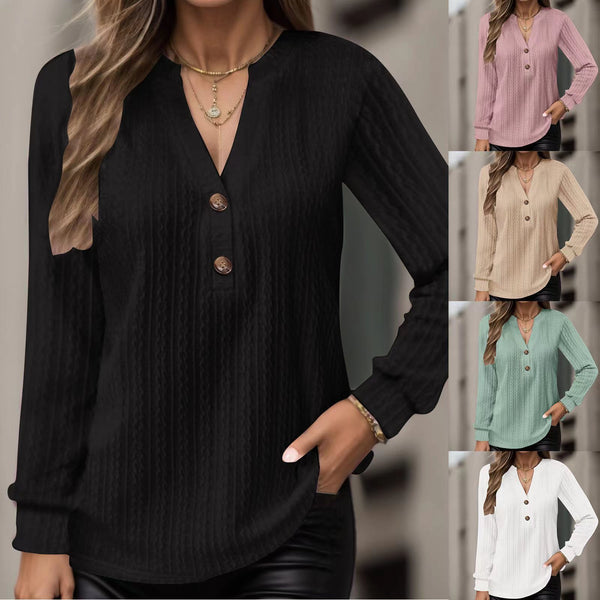 Women's Long Sleeve Solid Color And Button Blouses