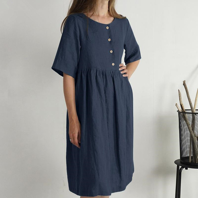 Linen Round-neck Loose Solid Color Pocket Dresses