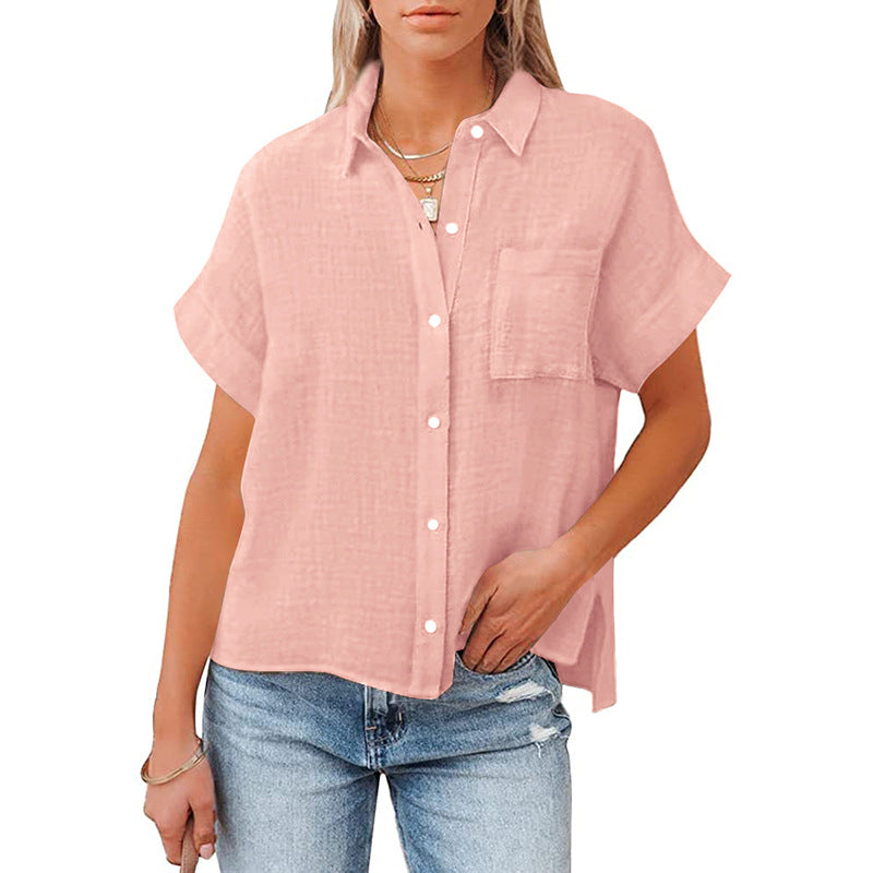 Women's Summer Cotton Linen Short-sleeved Casual Pocket Blouses