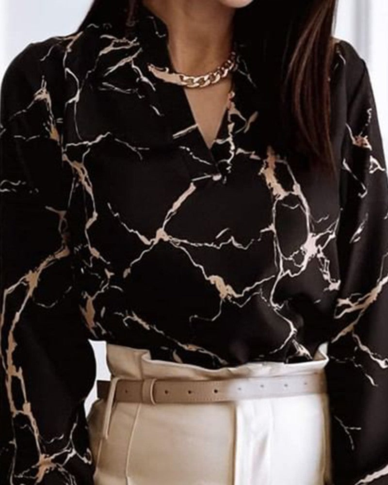 Women's Spring V-neck Long Sleeve Loose Printed Blouses