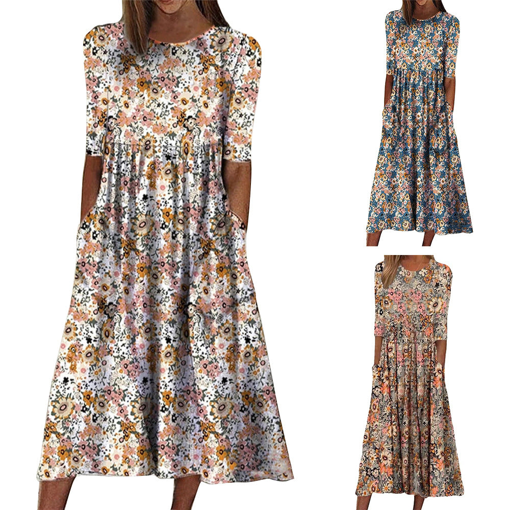 Damen Sommerkleid mit Blumenmuster und lockeren Taschen