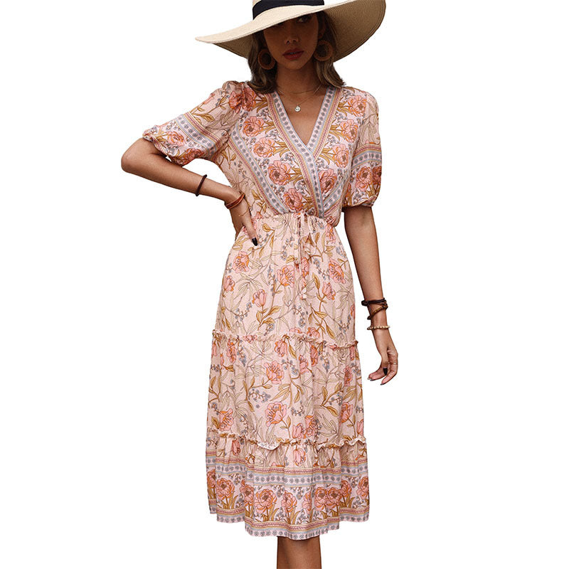 Women's Retro Pink Wooden Ear Printed V-neck Dresses