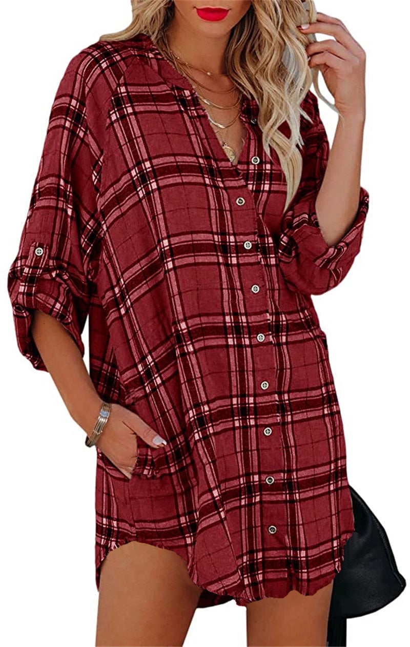 Women's Shirt Plaid Printed V-neck Long Sleeve Blouses