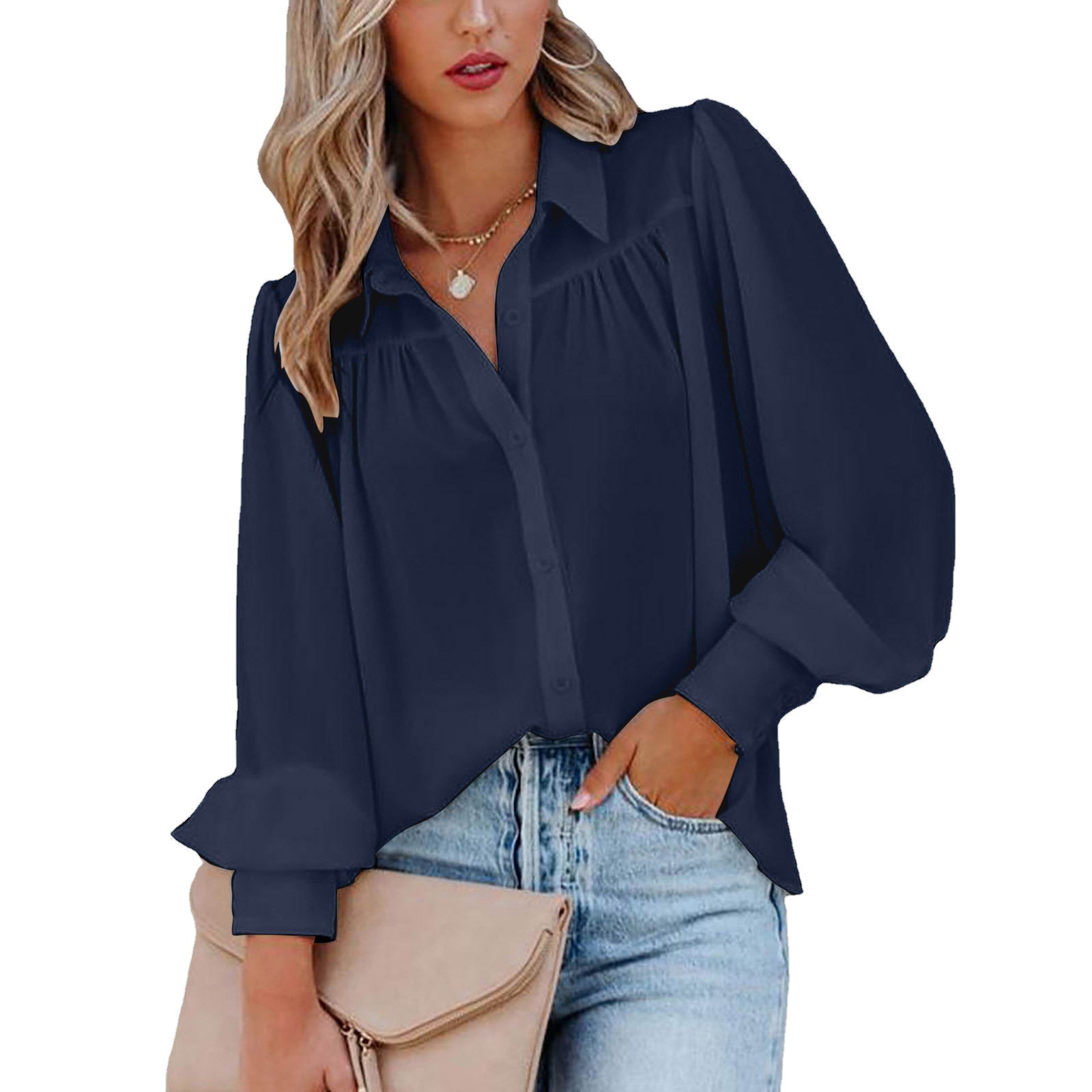 Women's Button Lantern Sleeve Pleated Solid Color Collar Loose Shirt Blouses