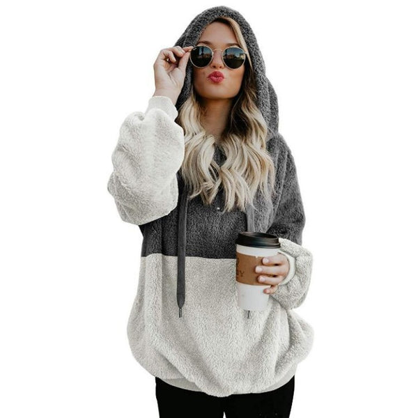 Women's Patchwork Rope Hooded Fleece Pullover Sweaters