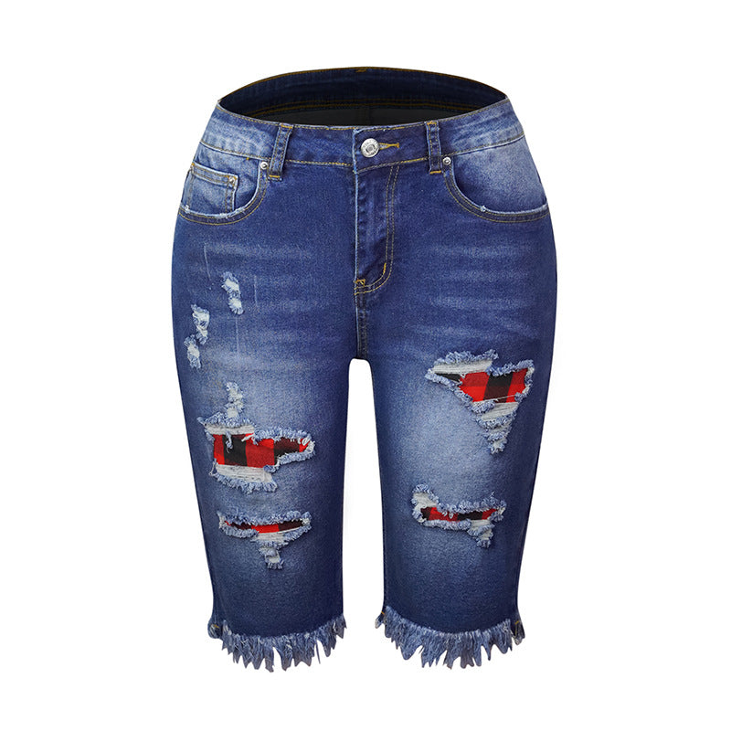 Damen-Sommer-Straßen-Quasten-hochelastische Röhrenjeans mit mittlerer Taille, verkürzte, zerrissene Jeans