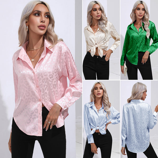 Women's Leopard Print Satin Shirt Long Sleeve Blouses