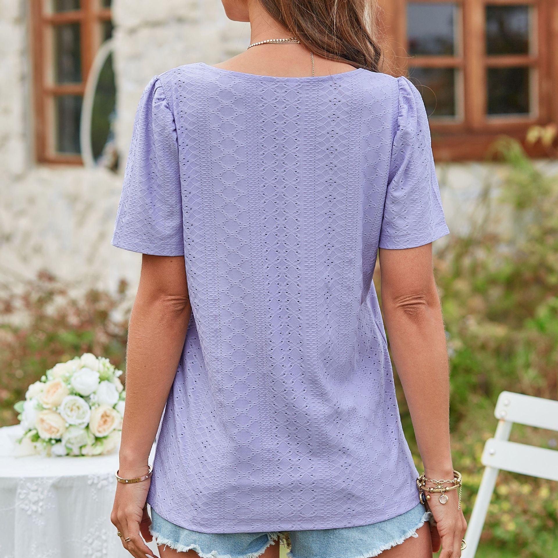 Women's Summer Square Neck Hole Hollow-out Short-sleeved Blouses