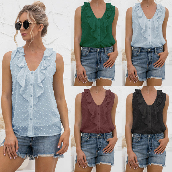 Sexy V-neck Ruffled Spaghetti Straps Button Blouses