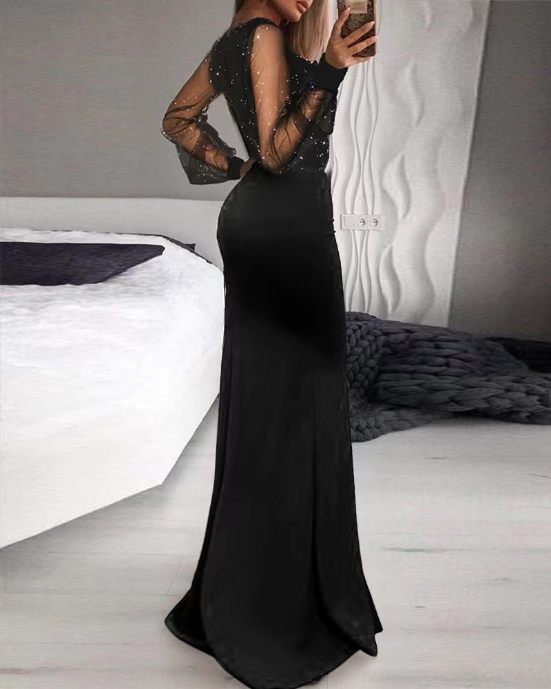 Black Art Mesh Sequins Temperament Commute Maxi Dresses