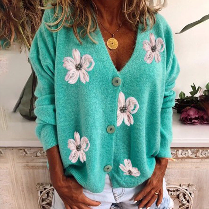 Casual Women's Long-sleeved Embroidered V-neck Knitted Sweaters