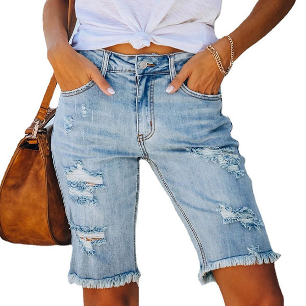 Damen-Sommer-Straßen-Quasten-hochelastische Röhrenjeans mit mittlerer Taille, verkürzte, zerrissene Jeans