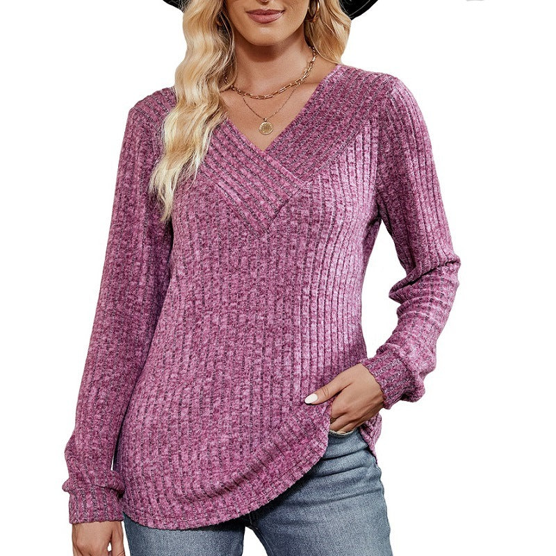 Women's Solid Color Rib Fabric Long-sleeved T-shirt Blouses