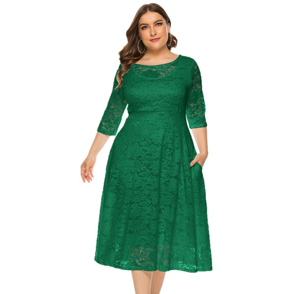 Pretty Midi Hollow Lace Pocket Dress Plus Size