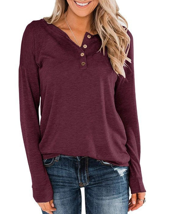 Women's Solid Color Long-sleeved Round Neck Pullover Blouses