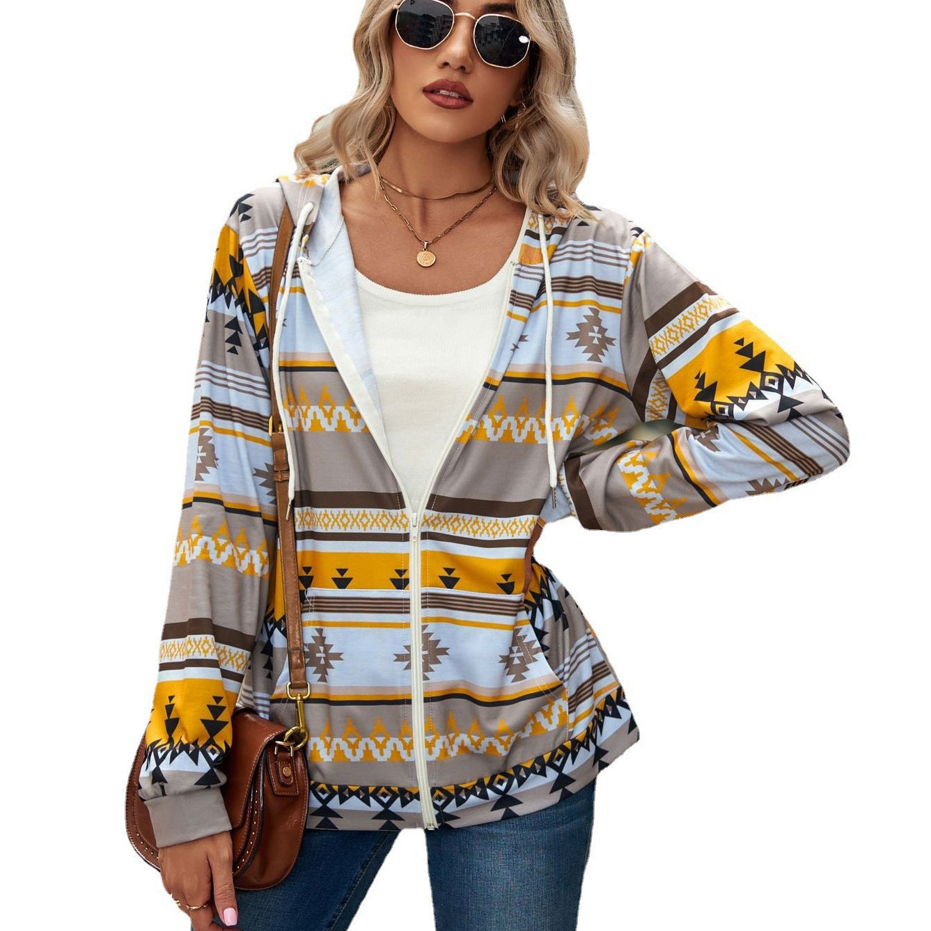 Geometric Pattern Long Sleeve Loose Hooded Pocket Sweaters