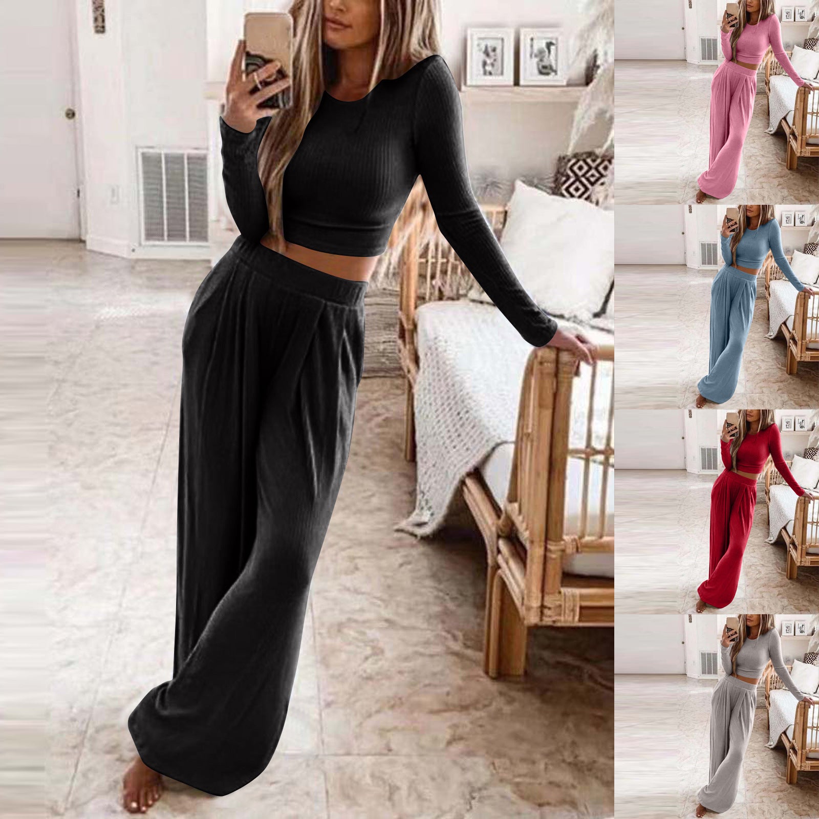Women's Solid Color Knit Casual Home Two-piece Suits