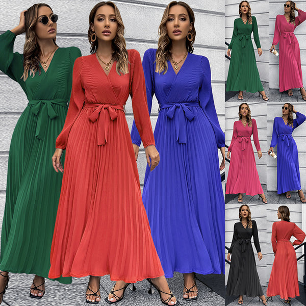 Women's V-neck Long Sleeve Pleated Mid-length Dress Dresses