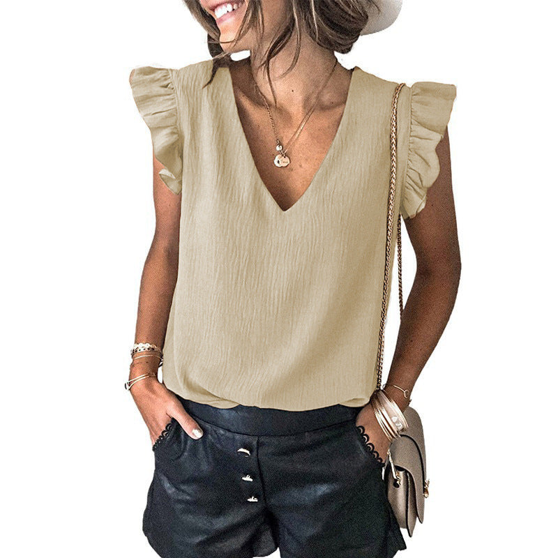 Women's Summer Casual T-shirt Solid Color V-neck Pullover Blouses