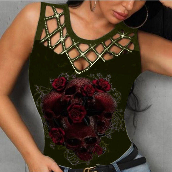 Women's Summer Hollow Out Stitching Rose Print Vests