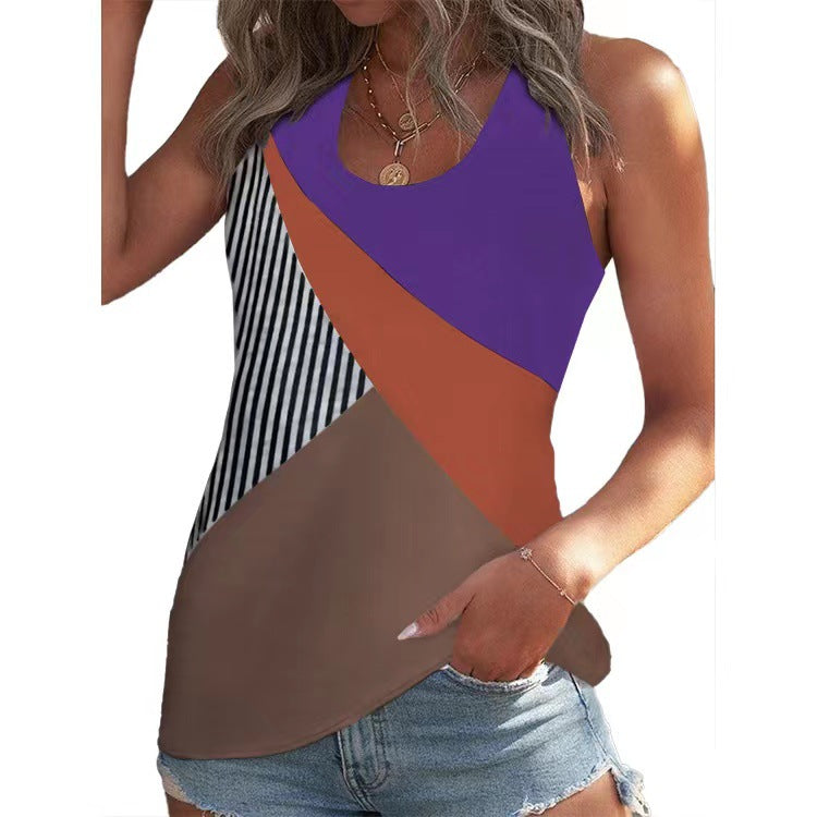 Women's Summer U-neck Geometric Color Matching Blouses