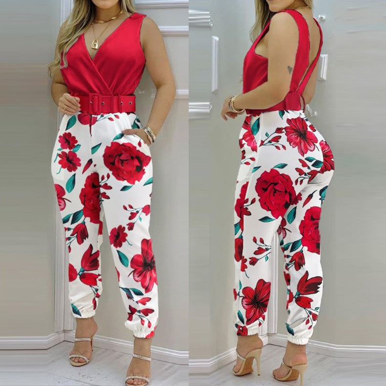 X-collar Slim-fit Sleeveless Positioning Flower Trousers Jumpsuits