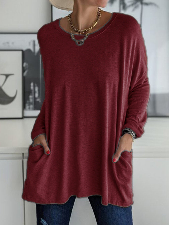 Women's Long Sleeve Loose Pockets Solid Color Blouses