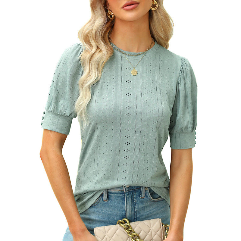 Women's Summer Round Neck Hole Hollow-out Button Blouses