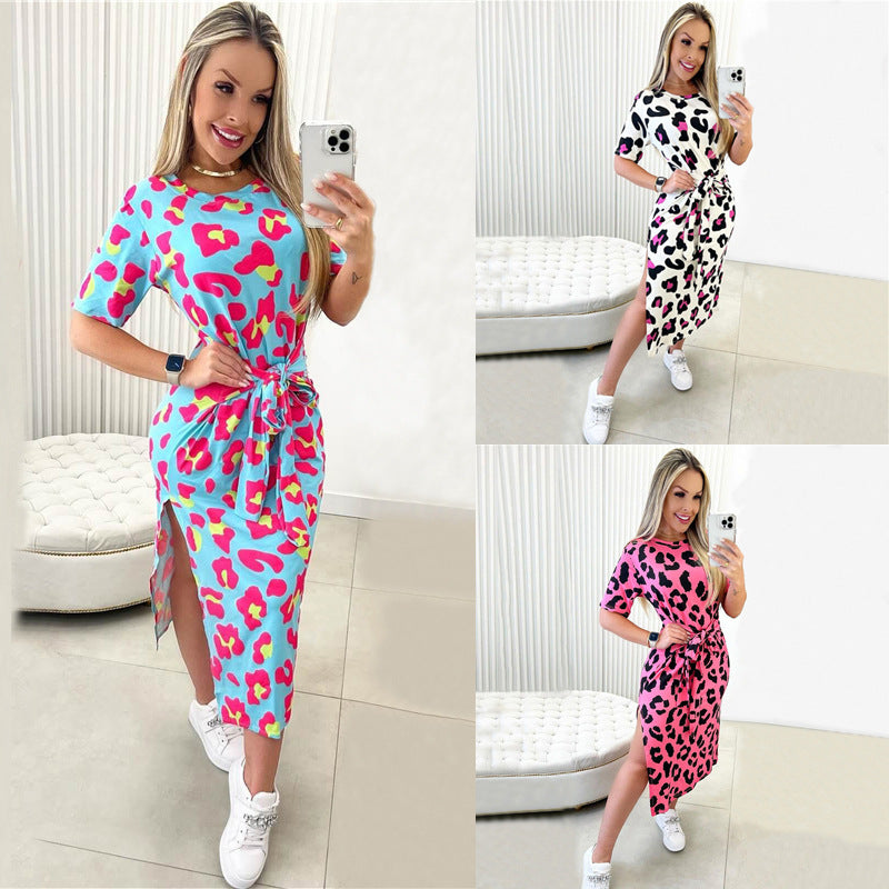 Women's Graceful Pretty Printed Short-sleeved Split Dresses