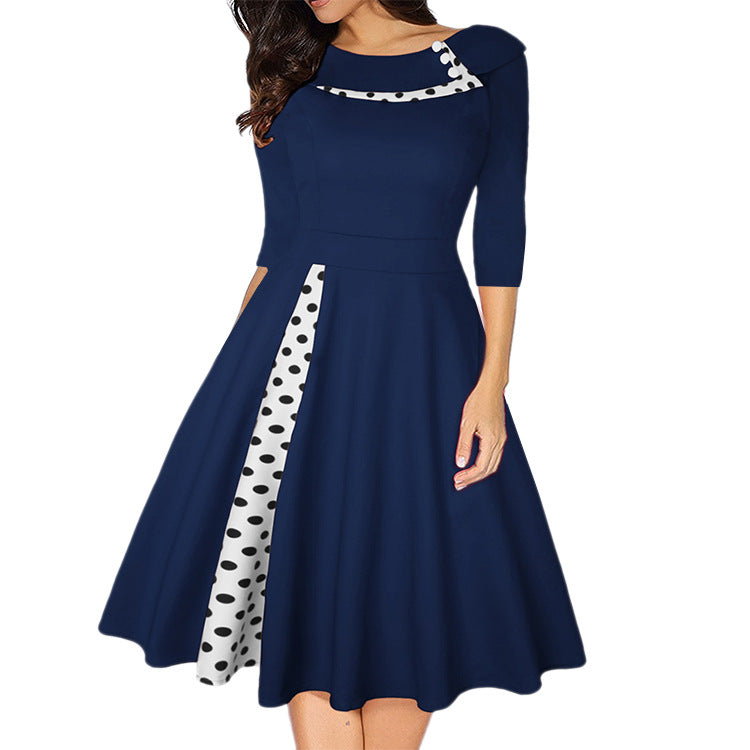 Women's Polka Dot Stitching Hepburn Retro Lapels Dresses