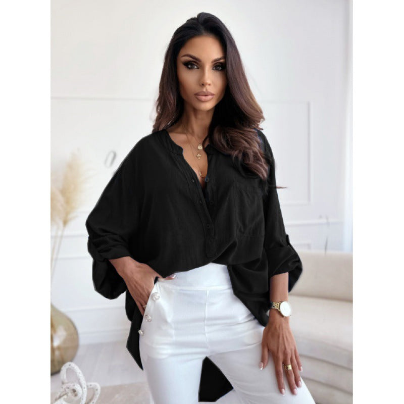Simple Loose Half-open Collar Single-breasted Solid Blouses