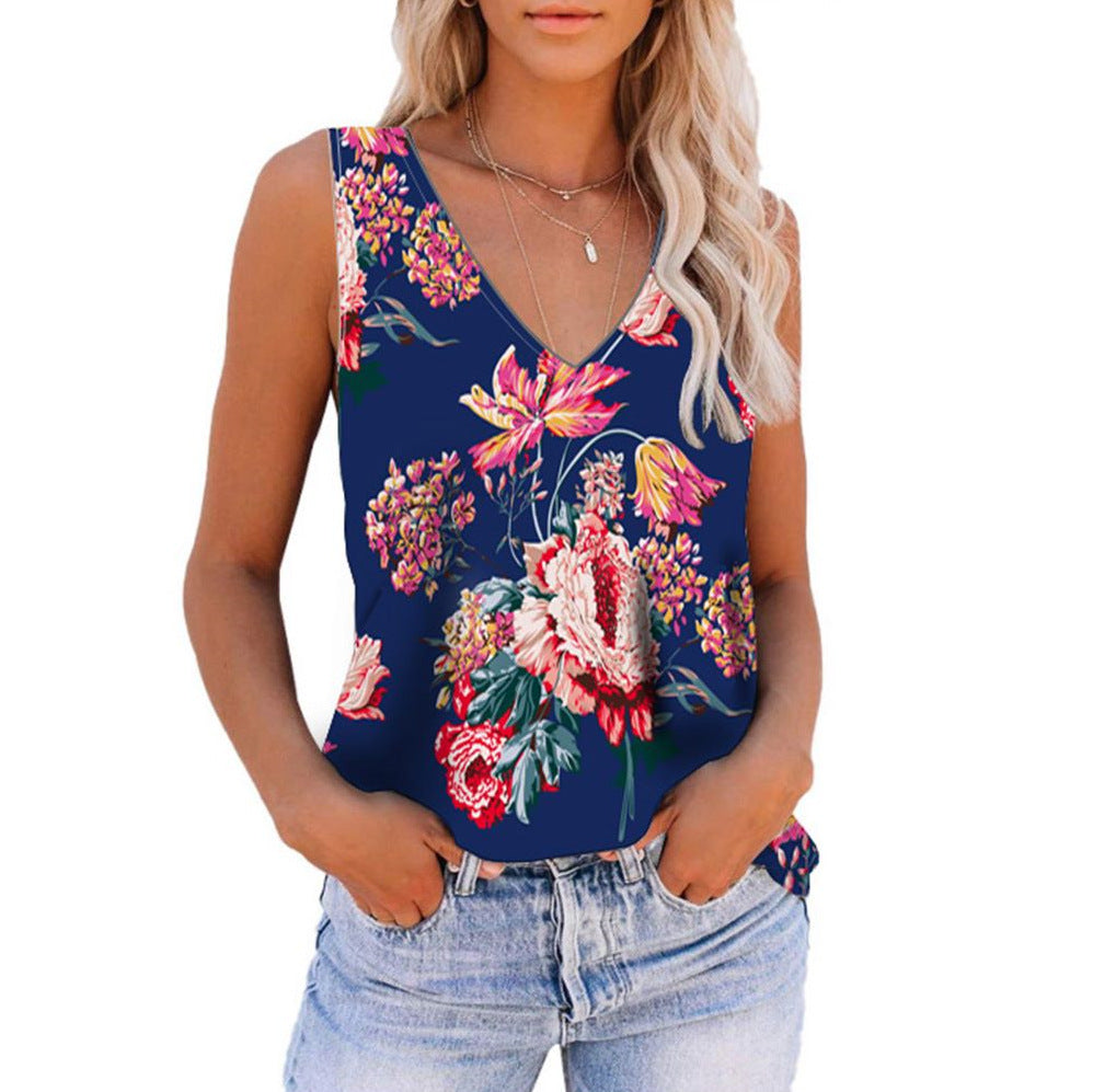 Women's Summer Digital Print V-neck Sleeveless T-shirts Blouses