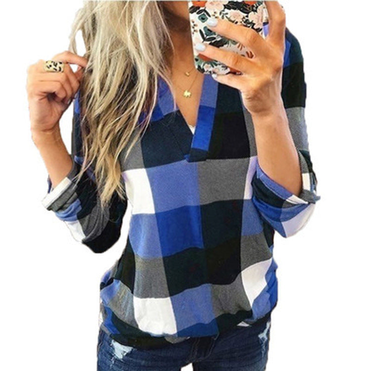 Women's Shirt Plaid Printed V-neck Long Sleeve Blouses